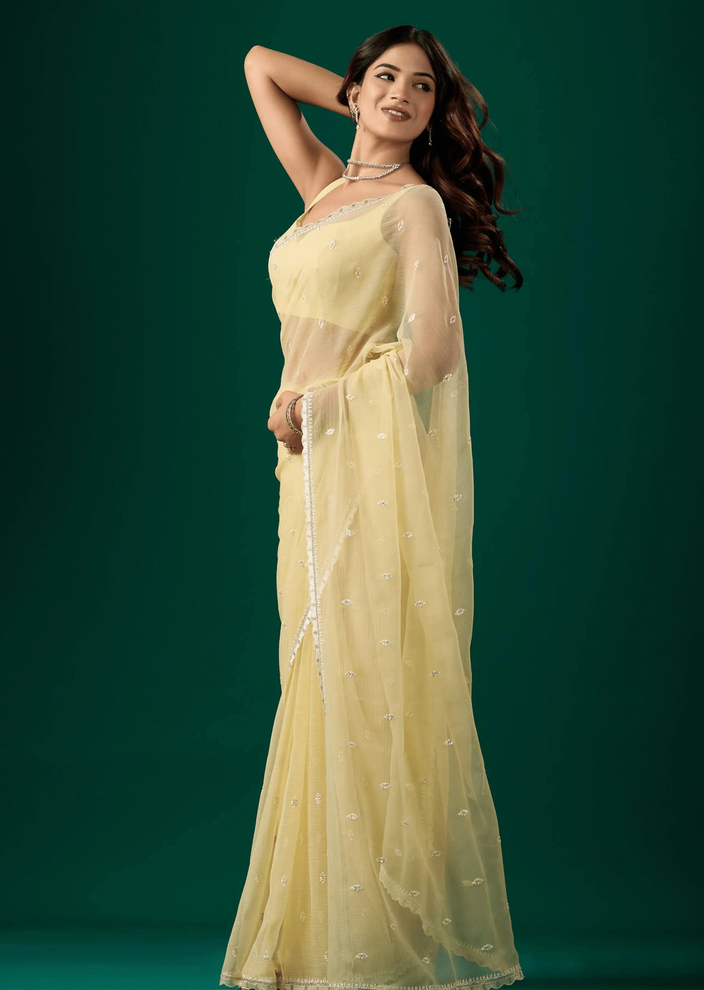 Butter Yellow Chiffon Saree with Floral Embroidery | Ethnic9 - Photo 4 | Buy Online Ethnic9