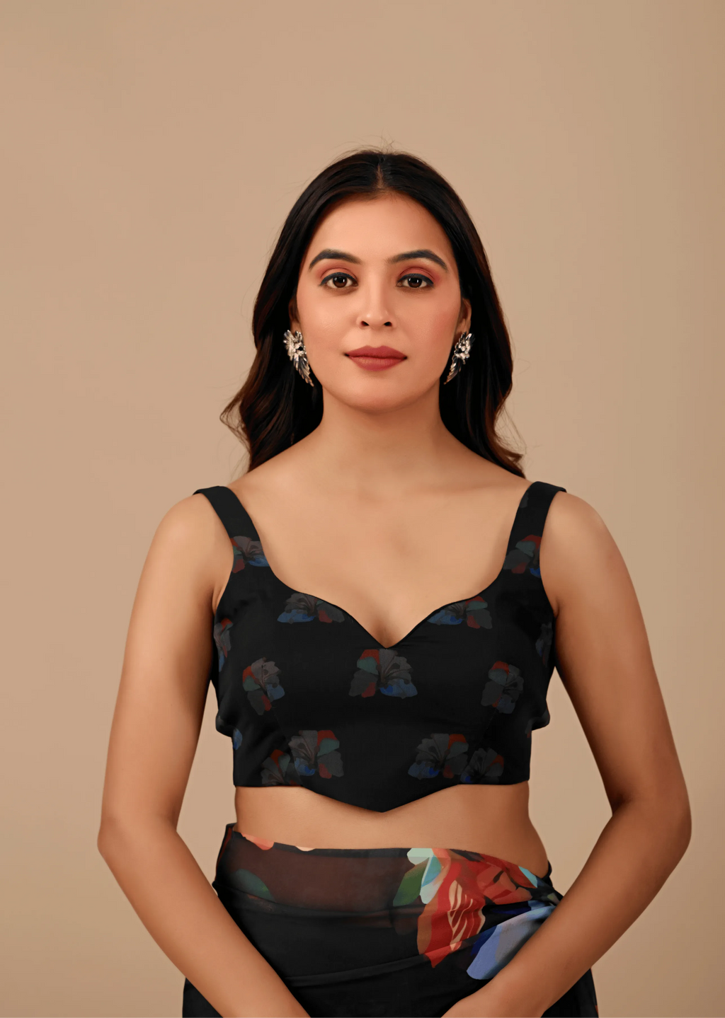 Black Soft Organza Saree Draped Look - Floral Print Design