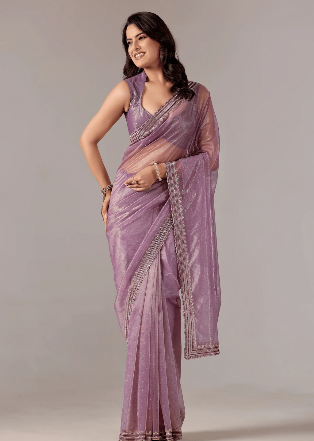 Purple Organza Saree Draped Look - Sequin Border Design