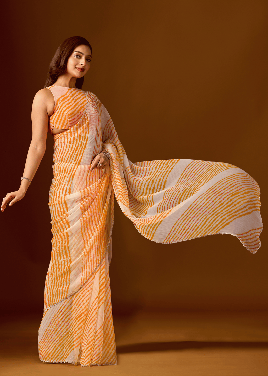 Mustard Yellow Chiffon Saree With Leheriya Print