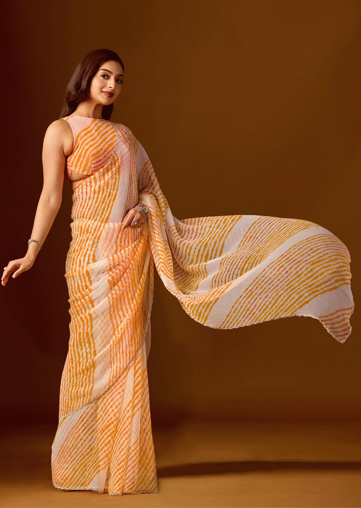 Mustard Yellow Chiffon Saree Side Pose - Festive Wear Saree