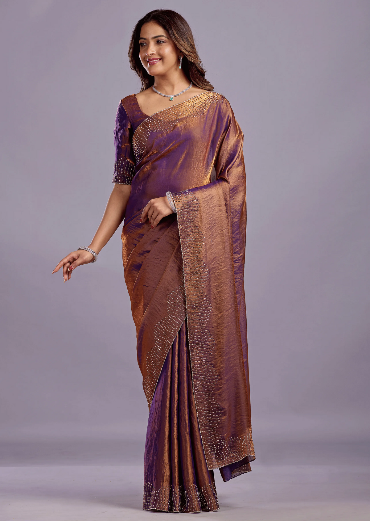 Copper Purple Tissue Silk Saree With Stone Work - Front Look | Buy On Ethnic9