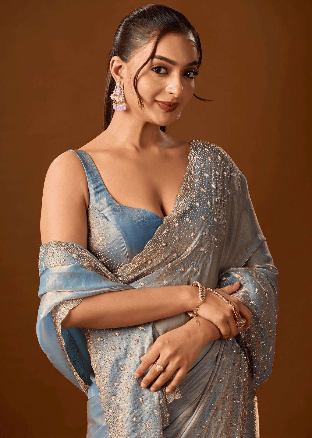 Sky Blue Tissue Silk Saree With Stone Work