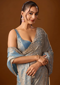 Sky Blue Tissue Silk Saree With Stone Work - Front Look | Buy On Ethnic9