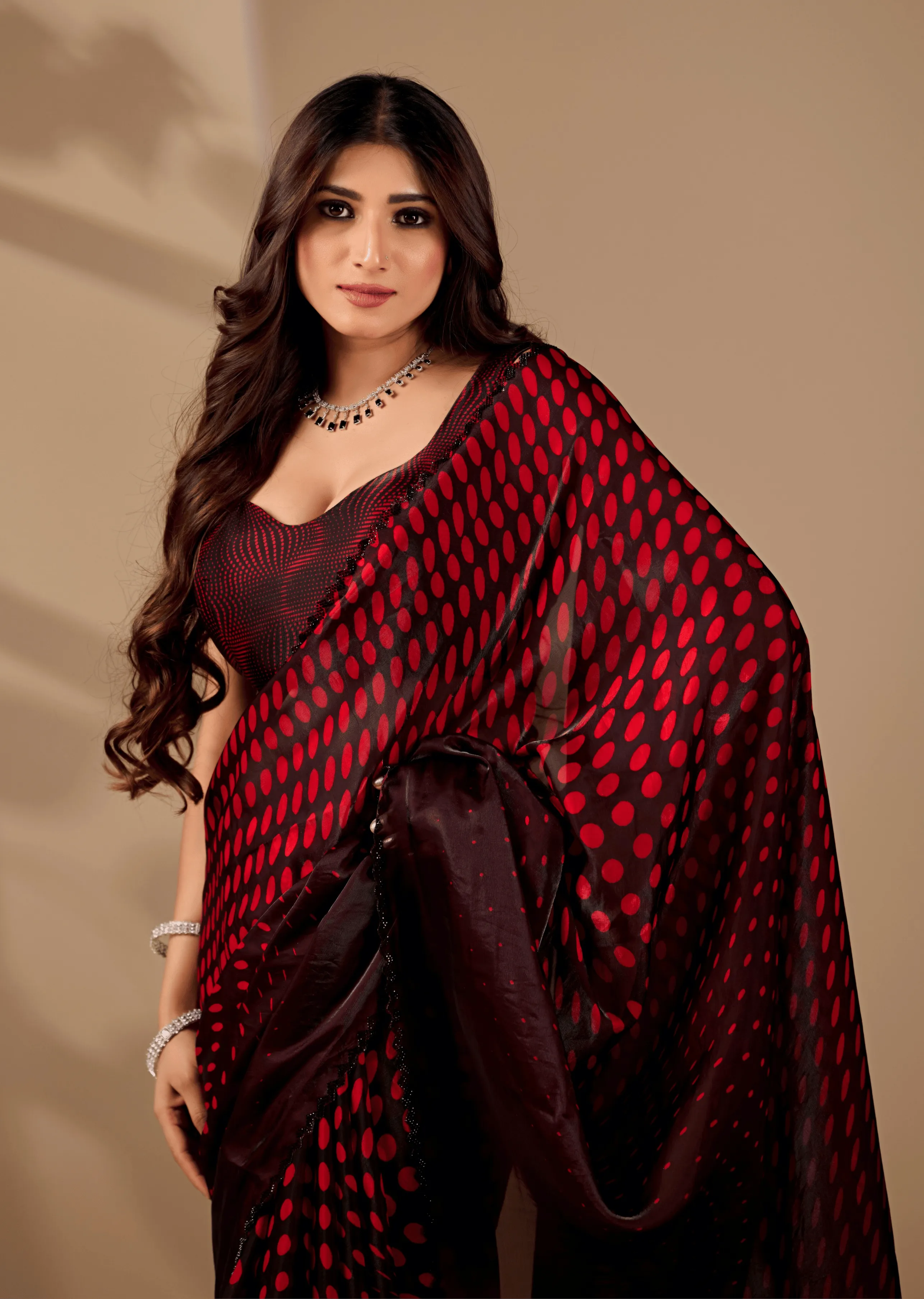  Ruby Red Organza Silk Saree Side Pose - Party Wear Saree