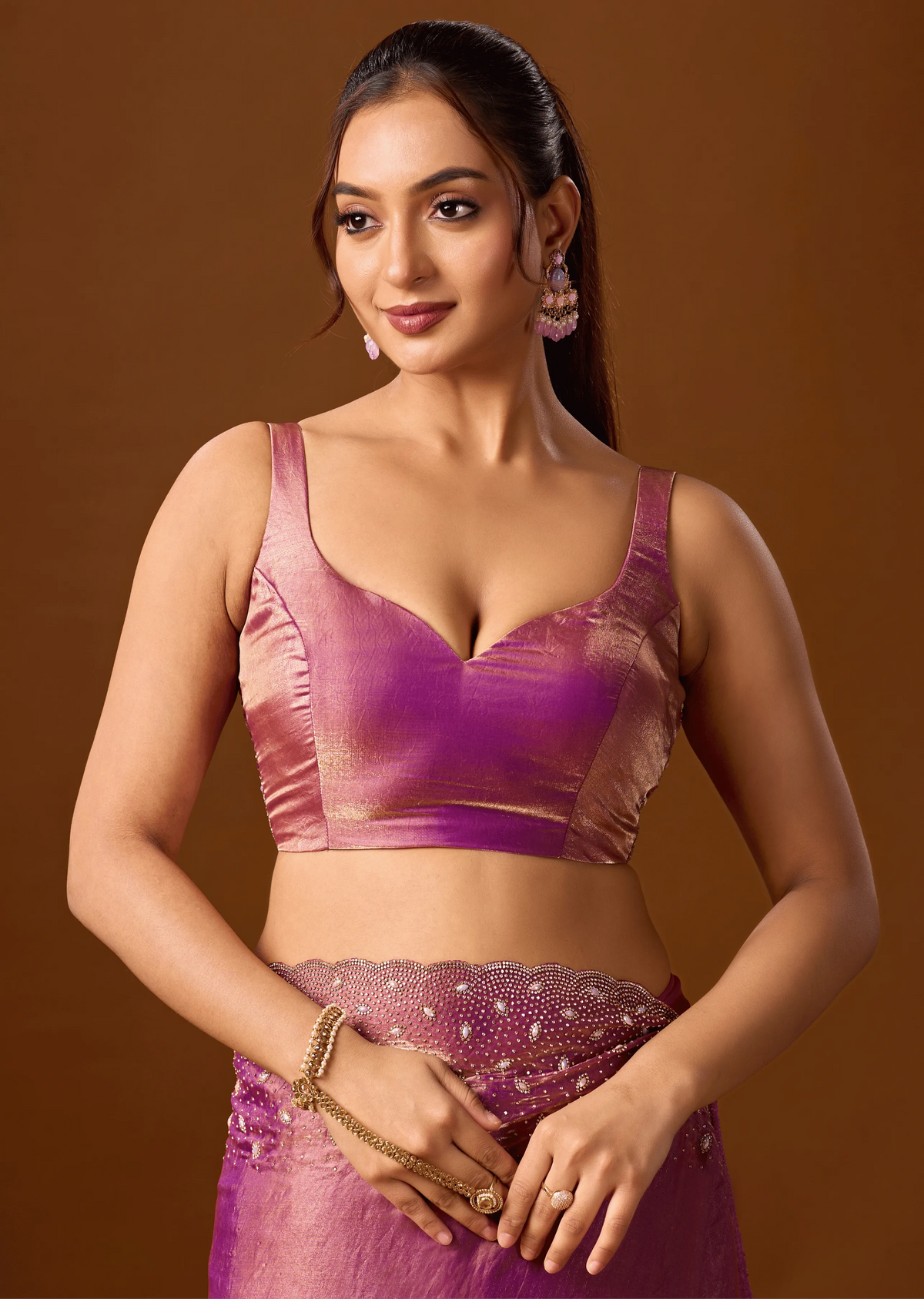 Pink Tissue Silk Saree Draped Look - Stone Work Design