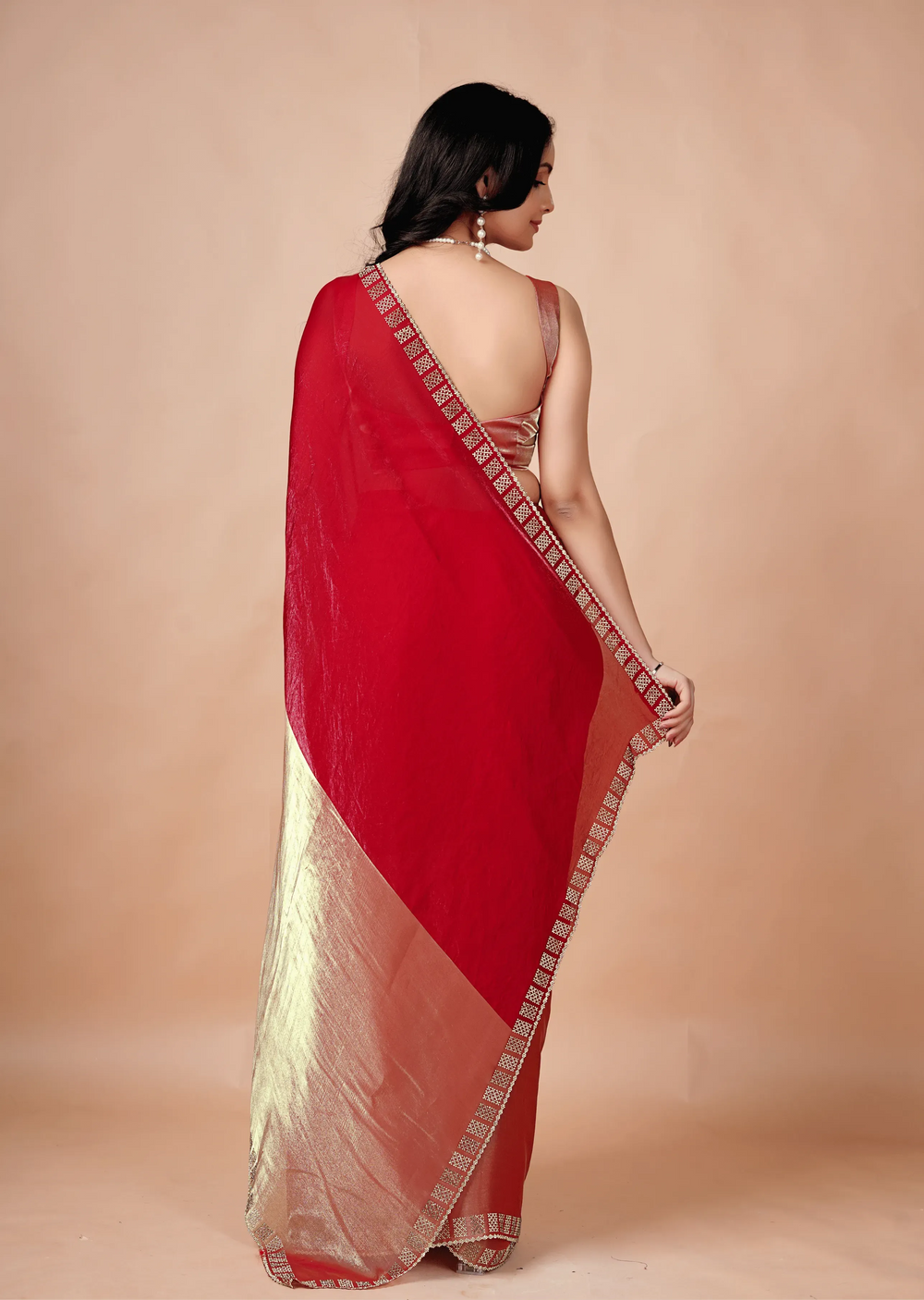 Red Tissue Silk Saree With Stone Border - Photo 2 | Buy Online Ethnic9