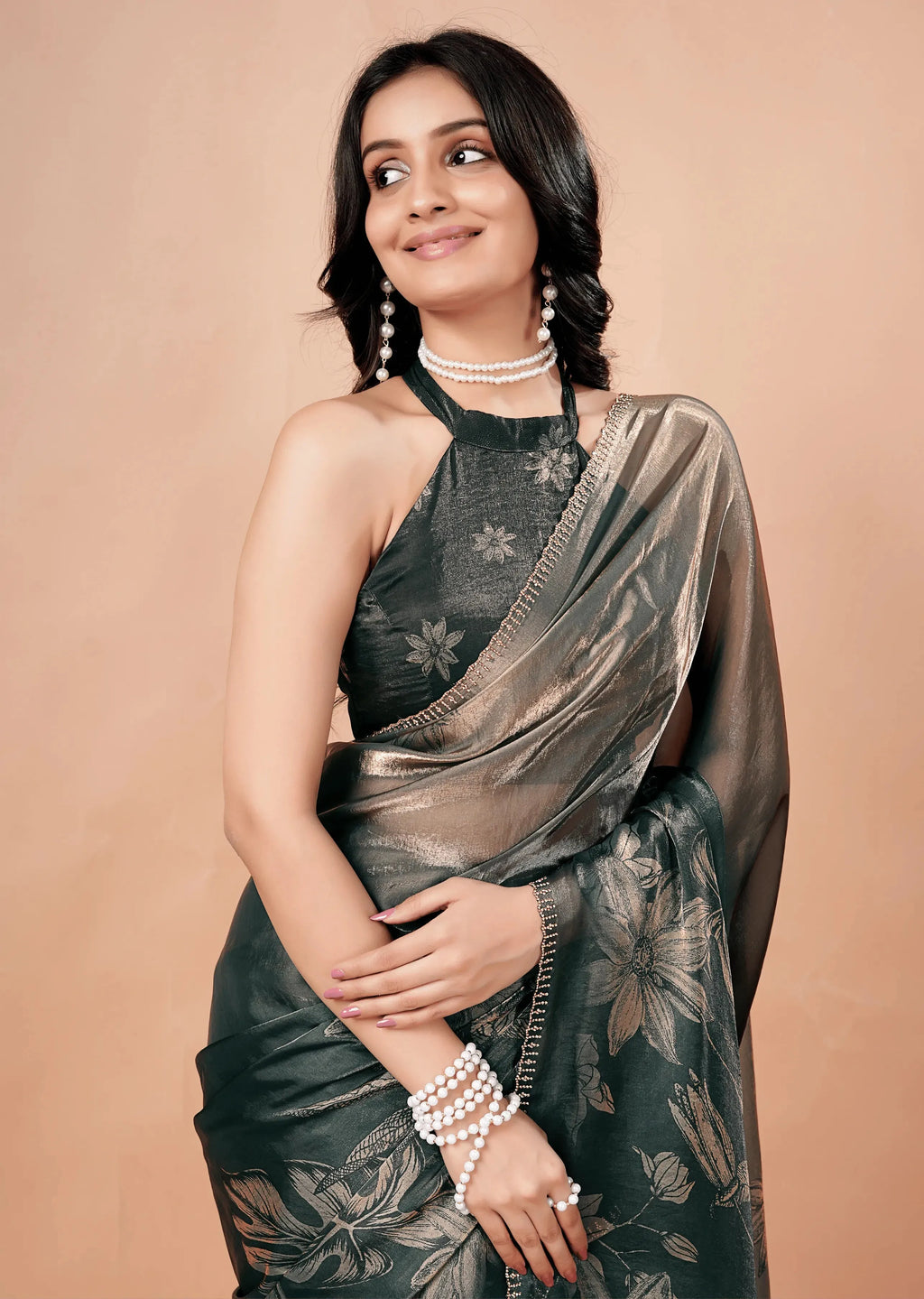 Bottle Green Organza Silk Saree With Foil Botanical Print