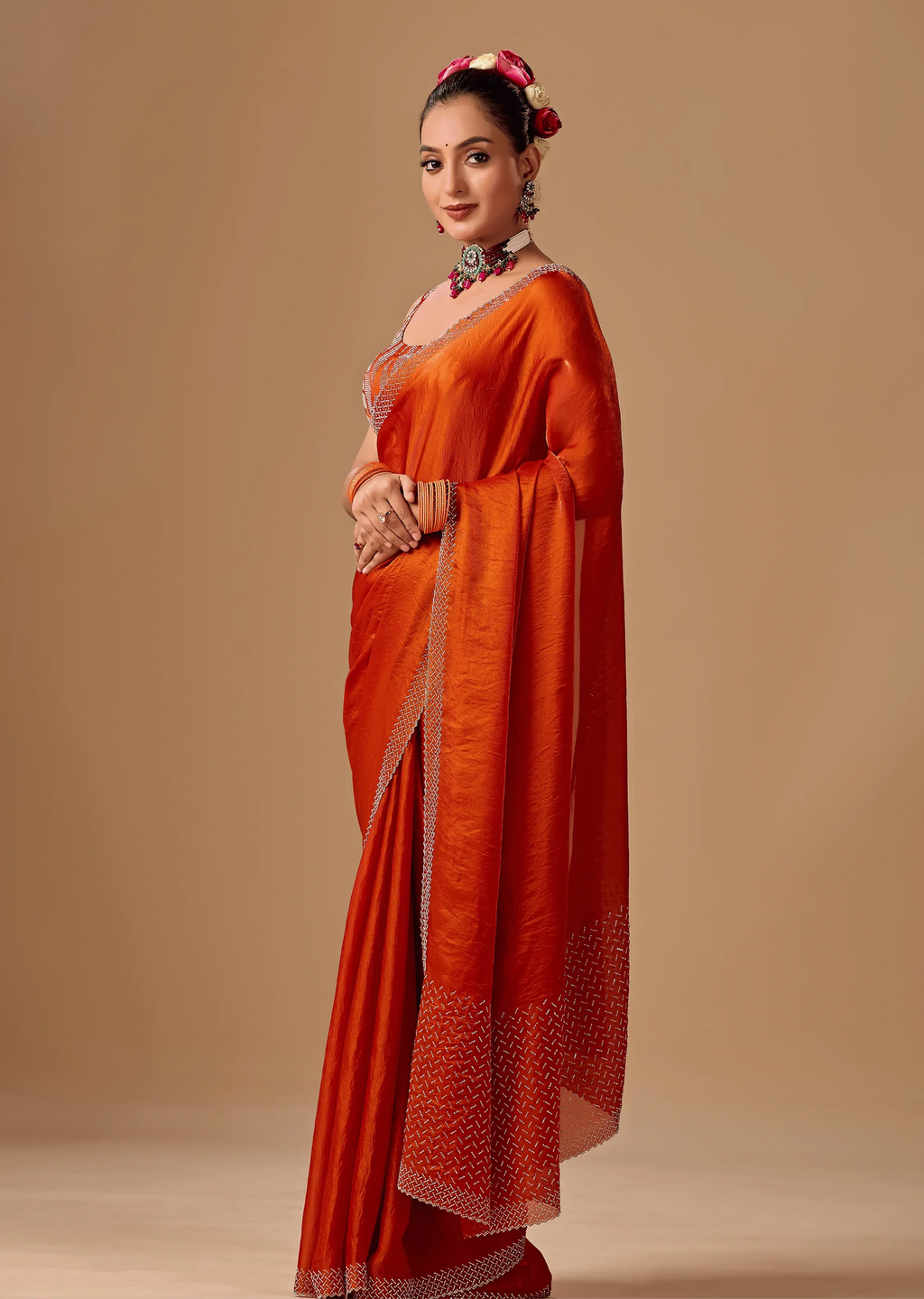 Burnt Orange Tissue Silk Saree With Rhinestone Border