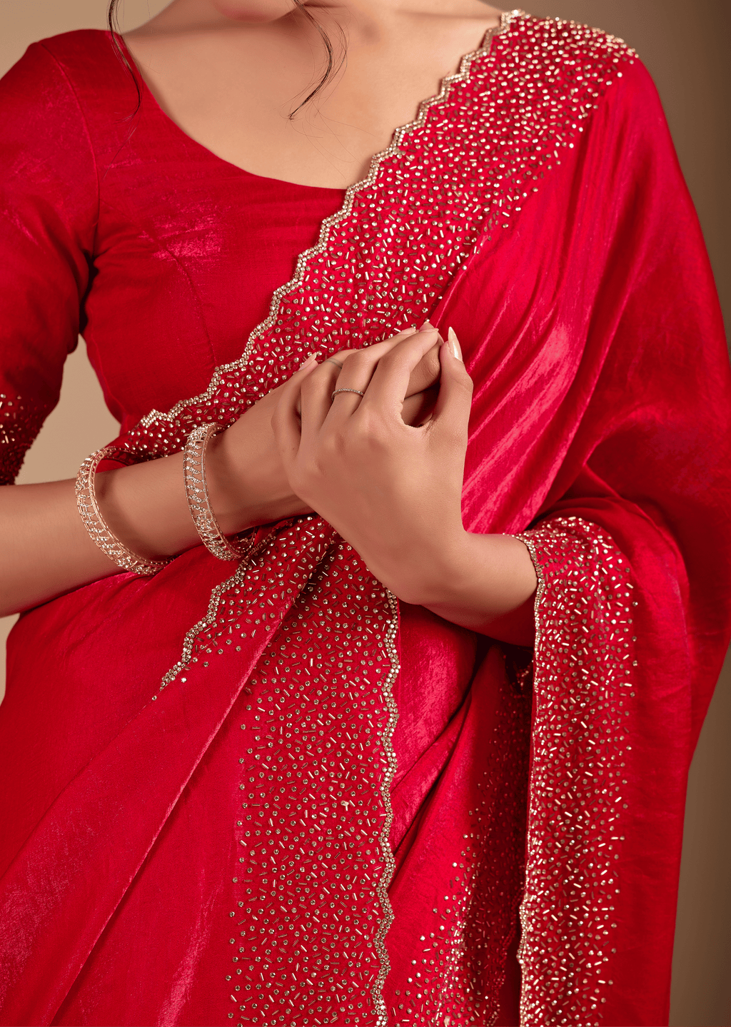 Red Tissue Silk Saree With Stone Work Border