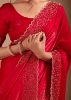 Red Tissue Silk Saree With Stone Work Border