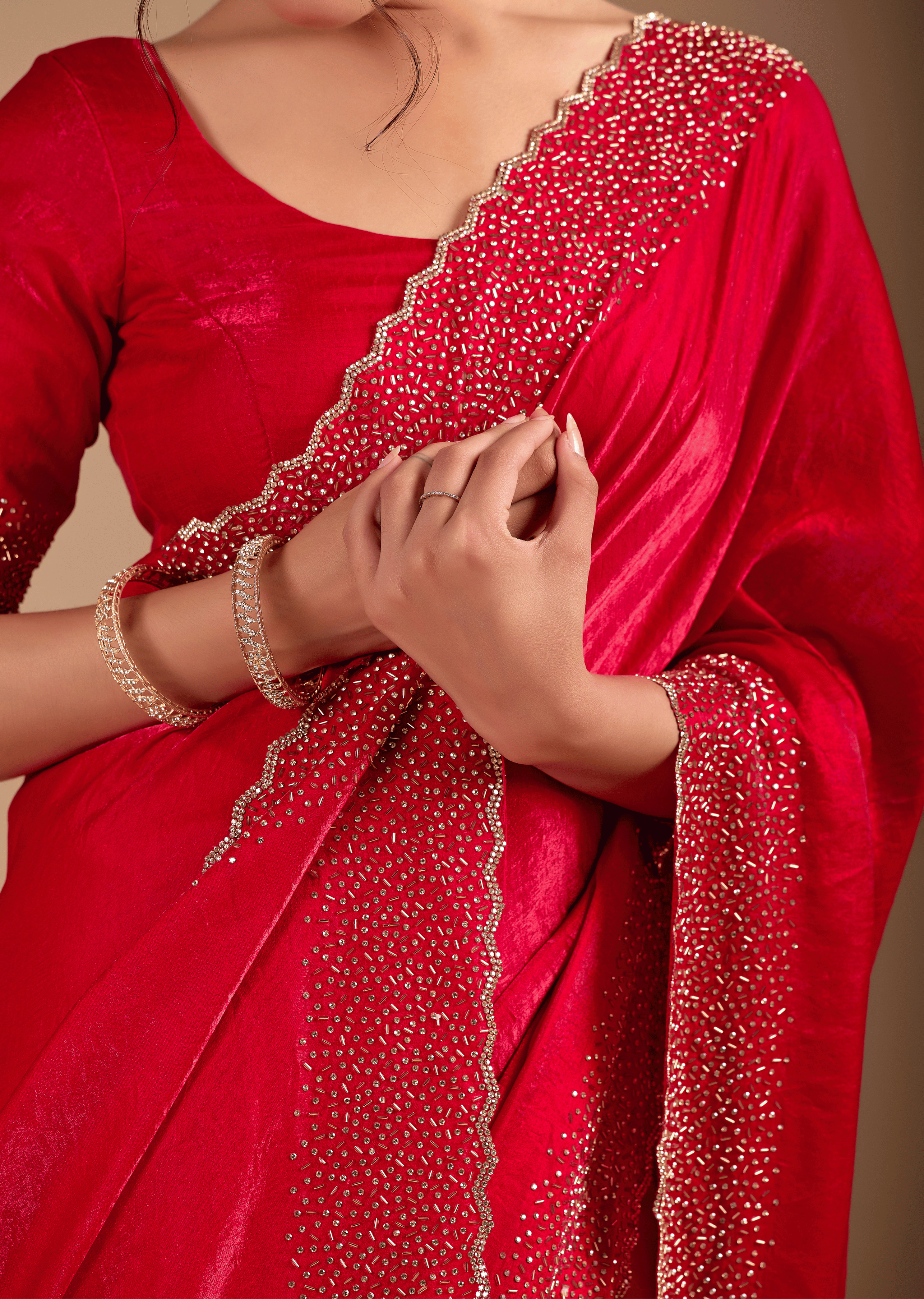 Red Tissue Silk Saree With Stone Work Border