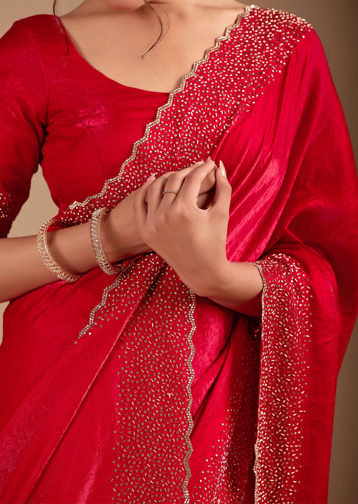 Red Tissue Silk Saree Side Pose - Wedding Wear Saree