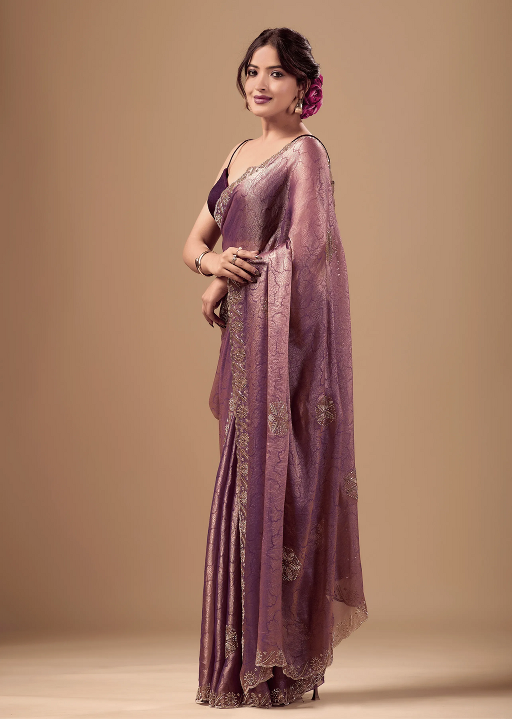 Lavender Mauve Jacquard Saree With Zarkan Stone Border