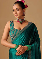 Emerald Green Tissue Silk Saree With Crystal Stone Border