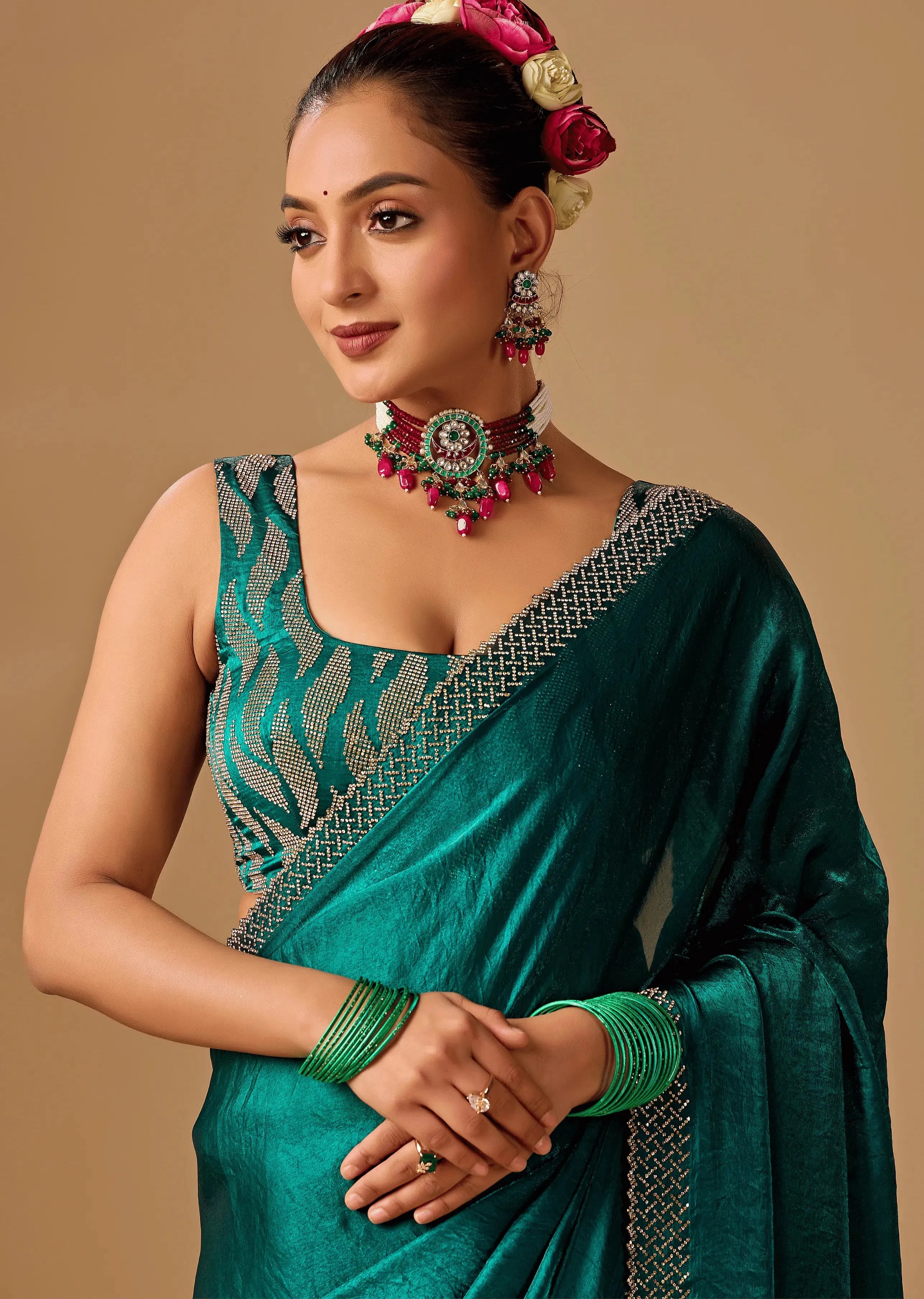 Emerald Green Tissue Silk Saree With Crystal Stone Border