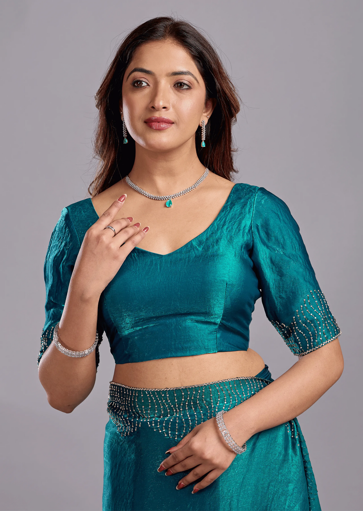 Teal Blue Tissue Silk Saree Standing Look - Party Wear Saree