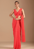 Coral Red Chiffon Saree With Leheriya Print - Front Look | Buy Online Ethnic9