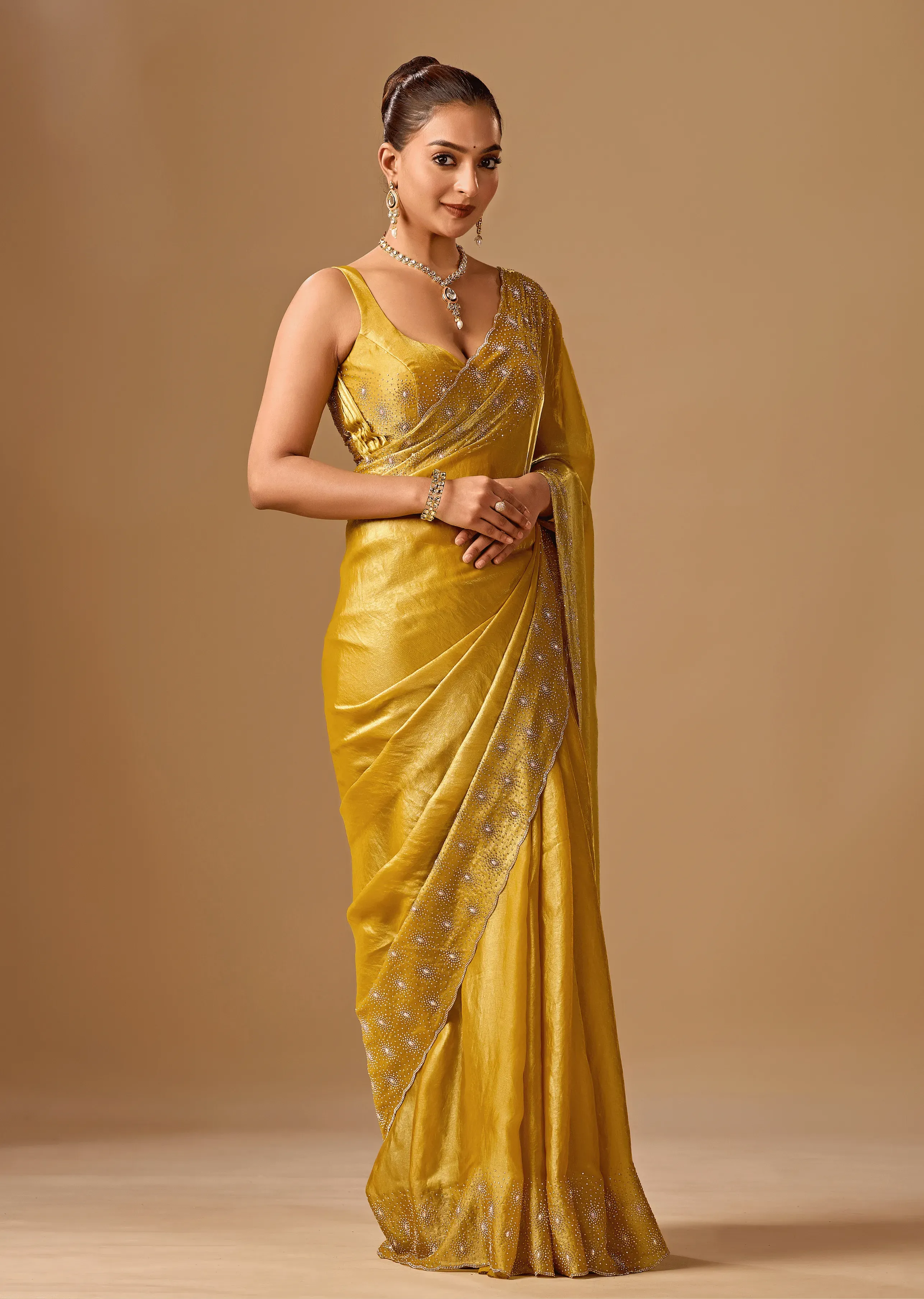 Golden Mustard Tissue Silk Saree With Crystal Stone Border