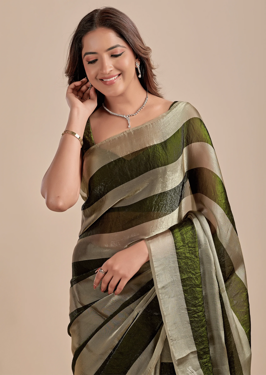 Olive Green Tissue Silk Saree With Metallic Stripe Weave