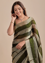 Olive Green Tissue Silk Saree With Metallic Stripe Weave