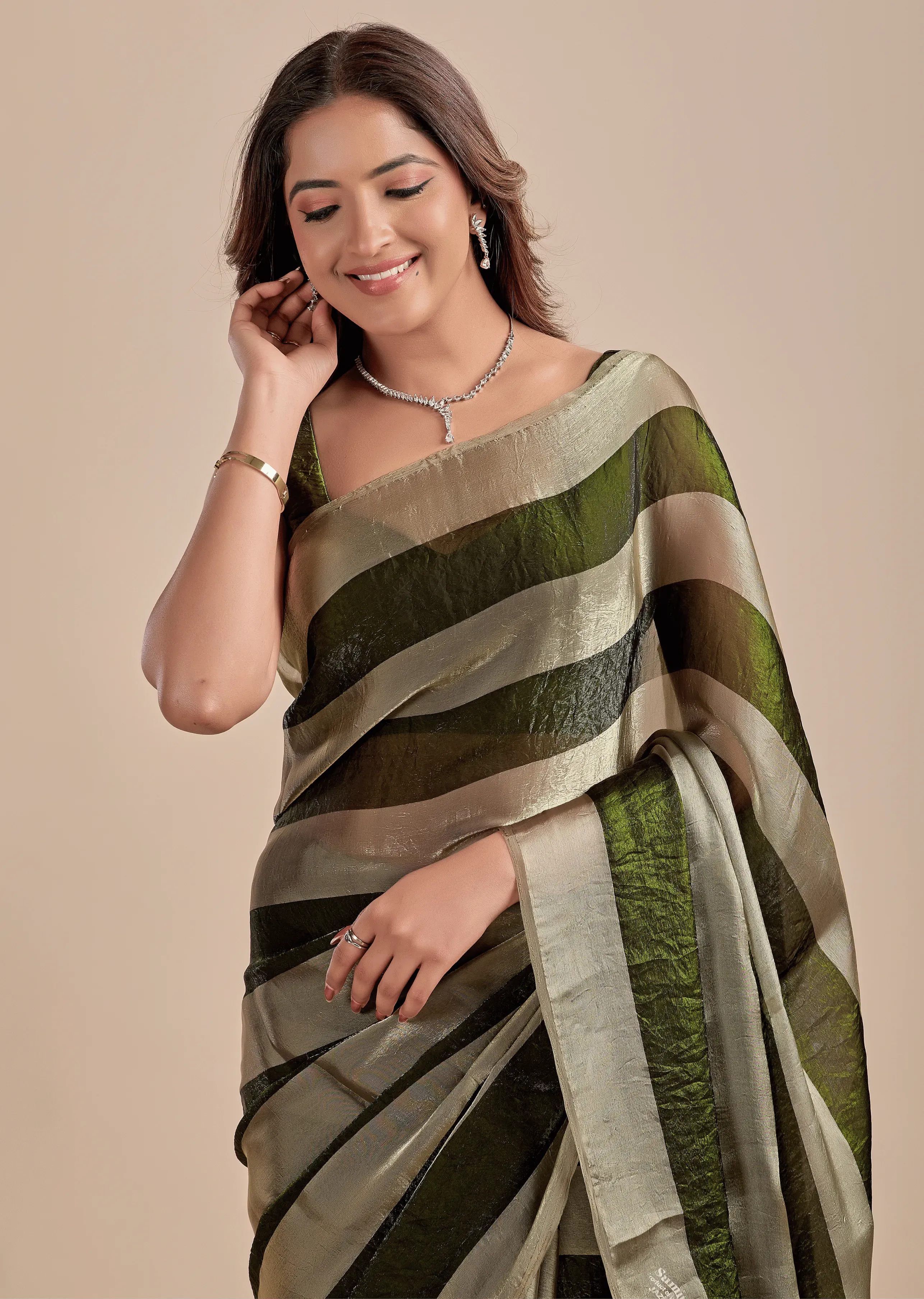 Olive Green Tissue Silk Saree With Metallic Stripe Weave