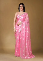 Candy Pink Organza Silk Saree With Heart Print - Front Look | Buy On Ethnic9