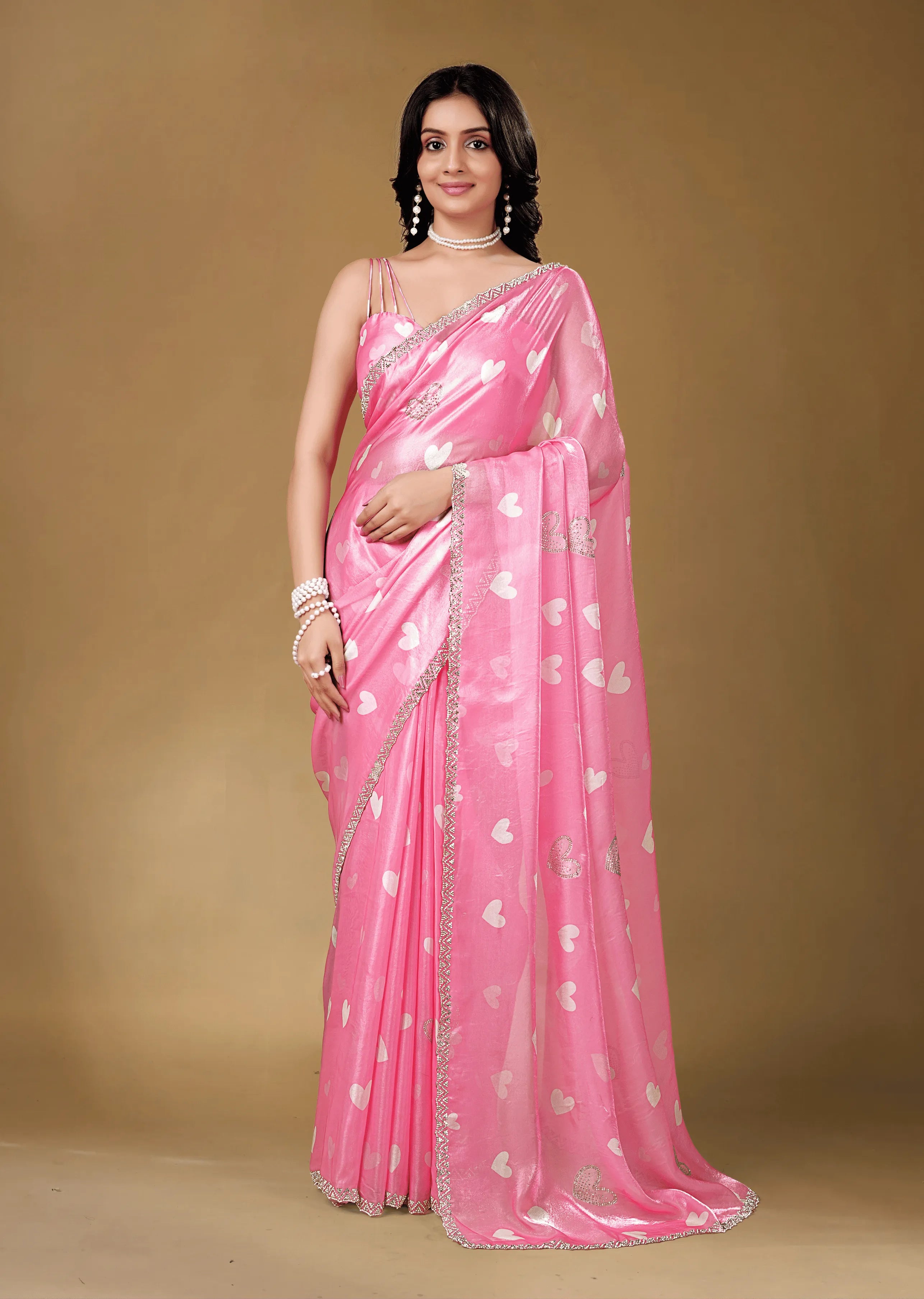 Candy Pink Organza Silk Saree With Heart Print - Front Look | Buy On Ethnic9