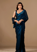 Navy Blue Organza Silk Saree With Stone Work Border - Front Look | Buy On Ethnic9
