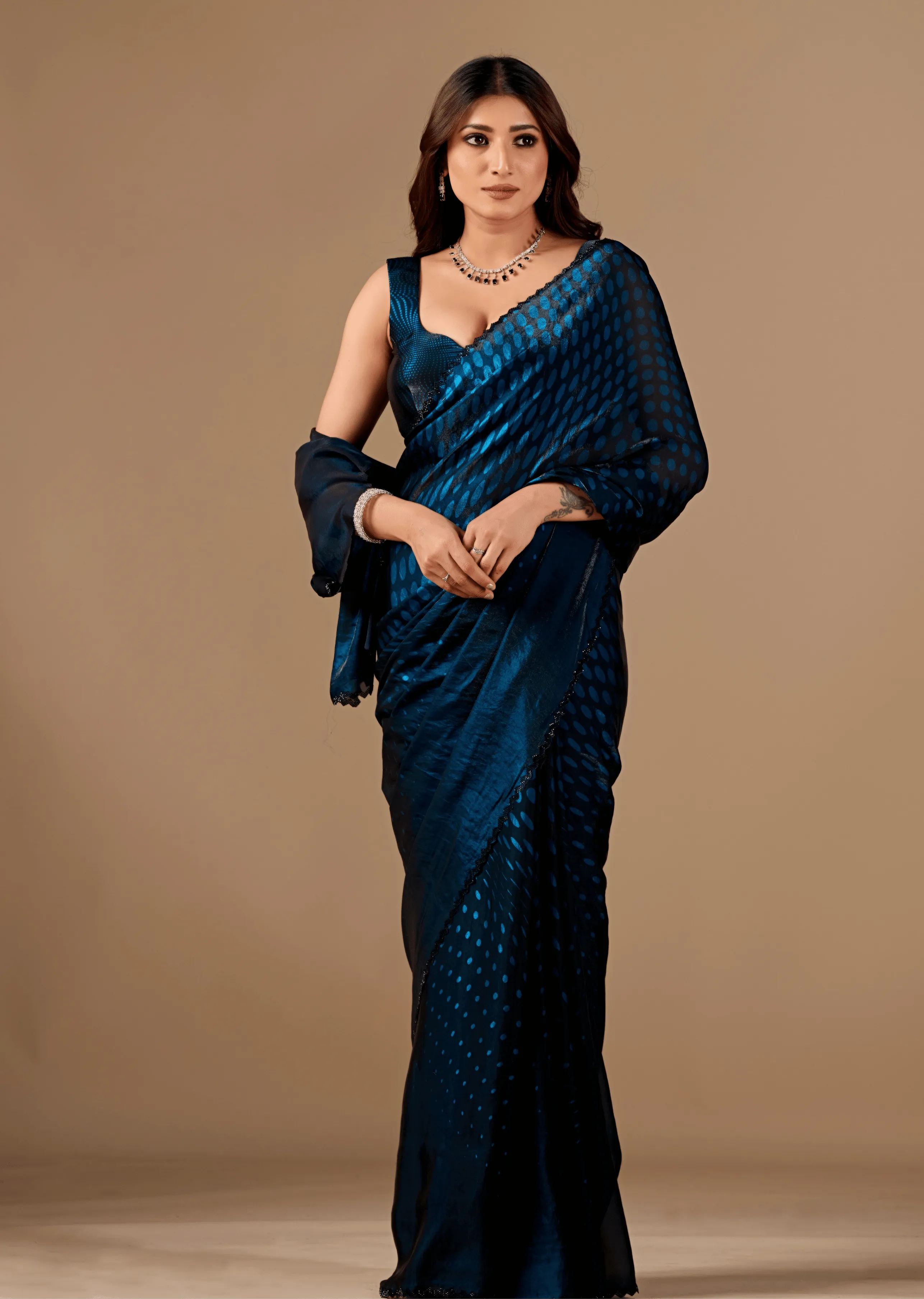 Navy Blue Organza Silk Saree With Stone Work Border - Front Look | Buy On Ethnic9

