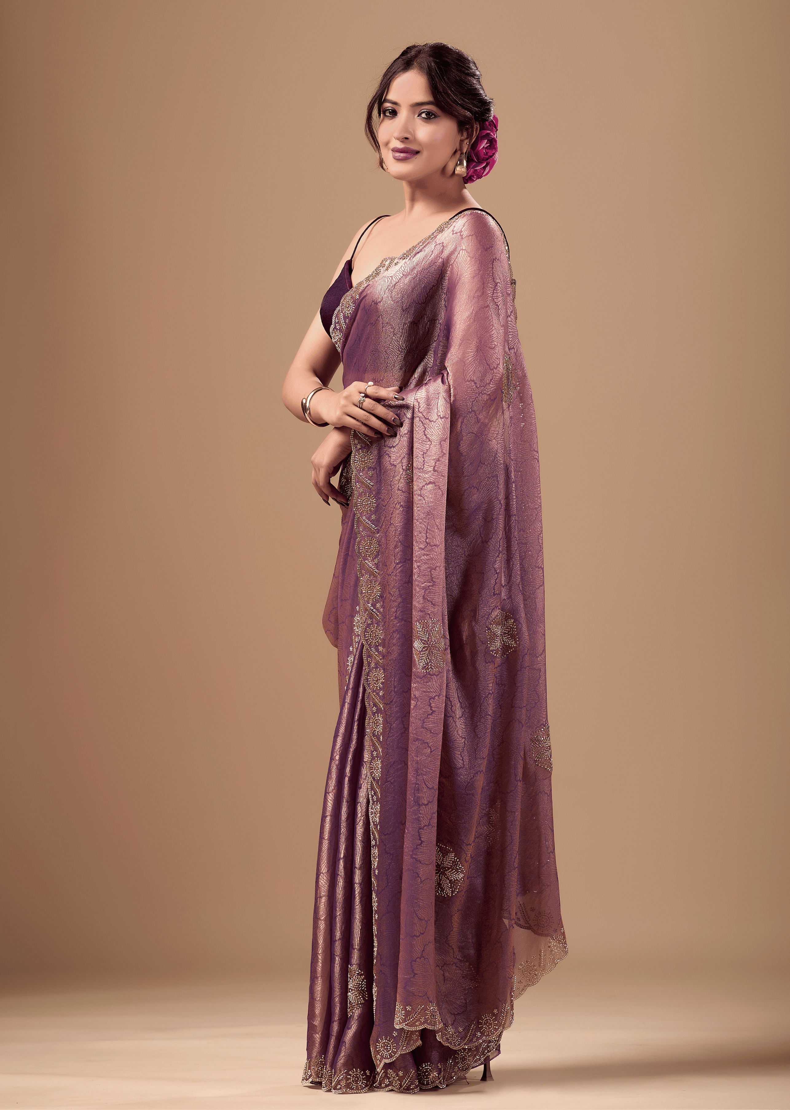 Lavender Mauve Jacquard Saree With Zarkan Stone Border