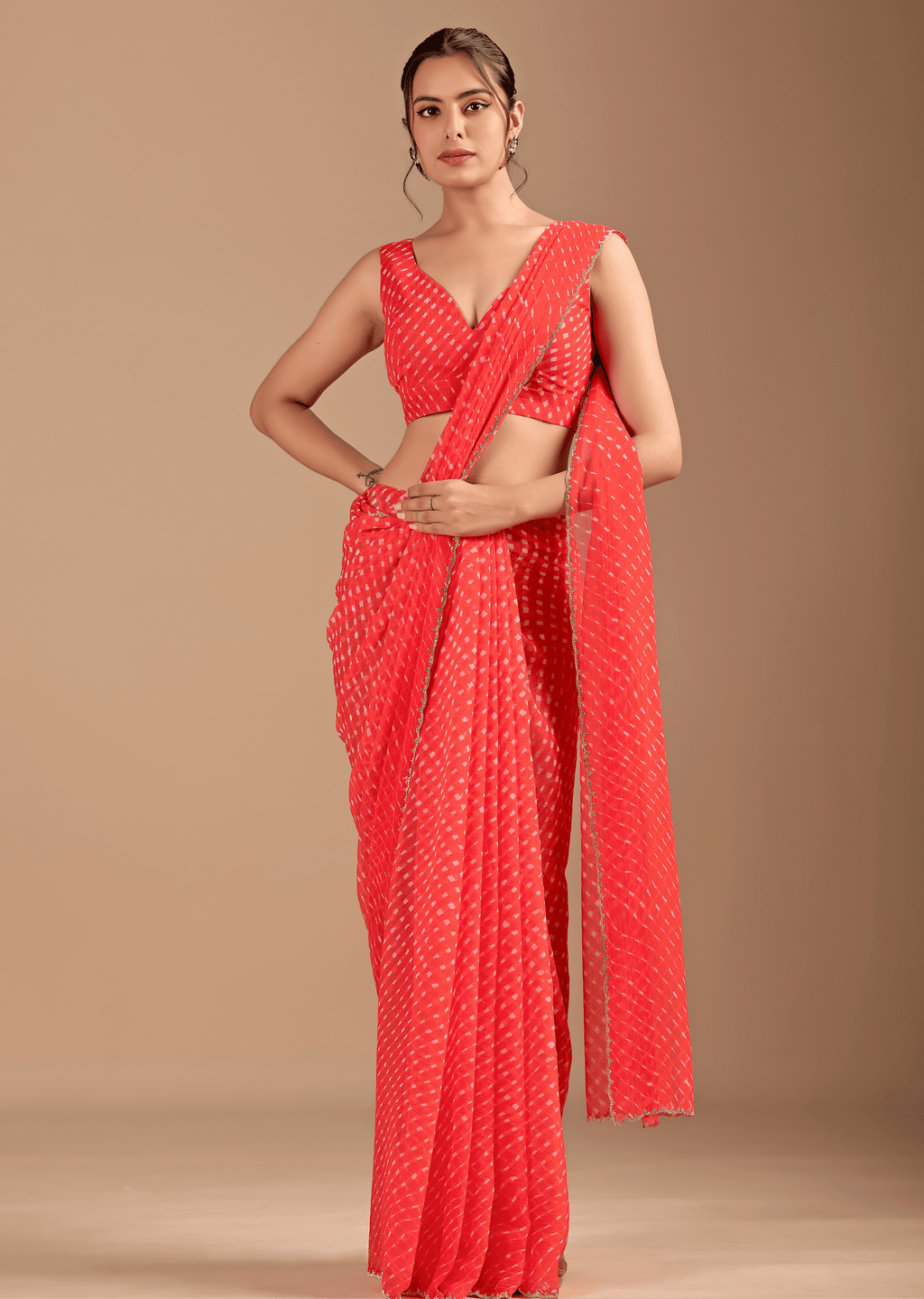 Coral Red Chiffon Saree With Leheriya Print