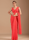 Coral Red Chiffon Saree With Leheriya Print