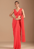 Coral Red Chiffon Saree With Leheriya Print - Front Look | Buy On Ethnic9