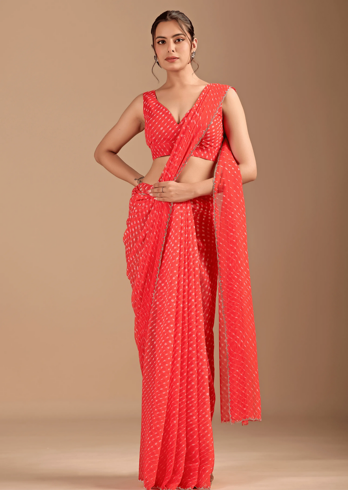 Coral Red Chiffon Saree With Leheriya Print - Front Look | Buy On Ethnic9