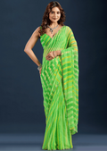 Parrot Green Chiffon Saree With Striped Print - Front Look | Buy On Ethnic9