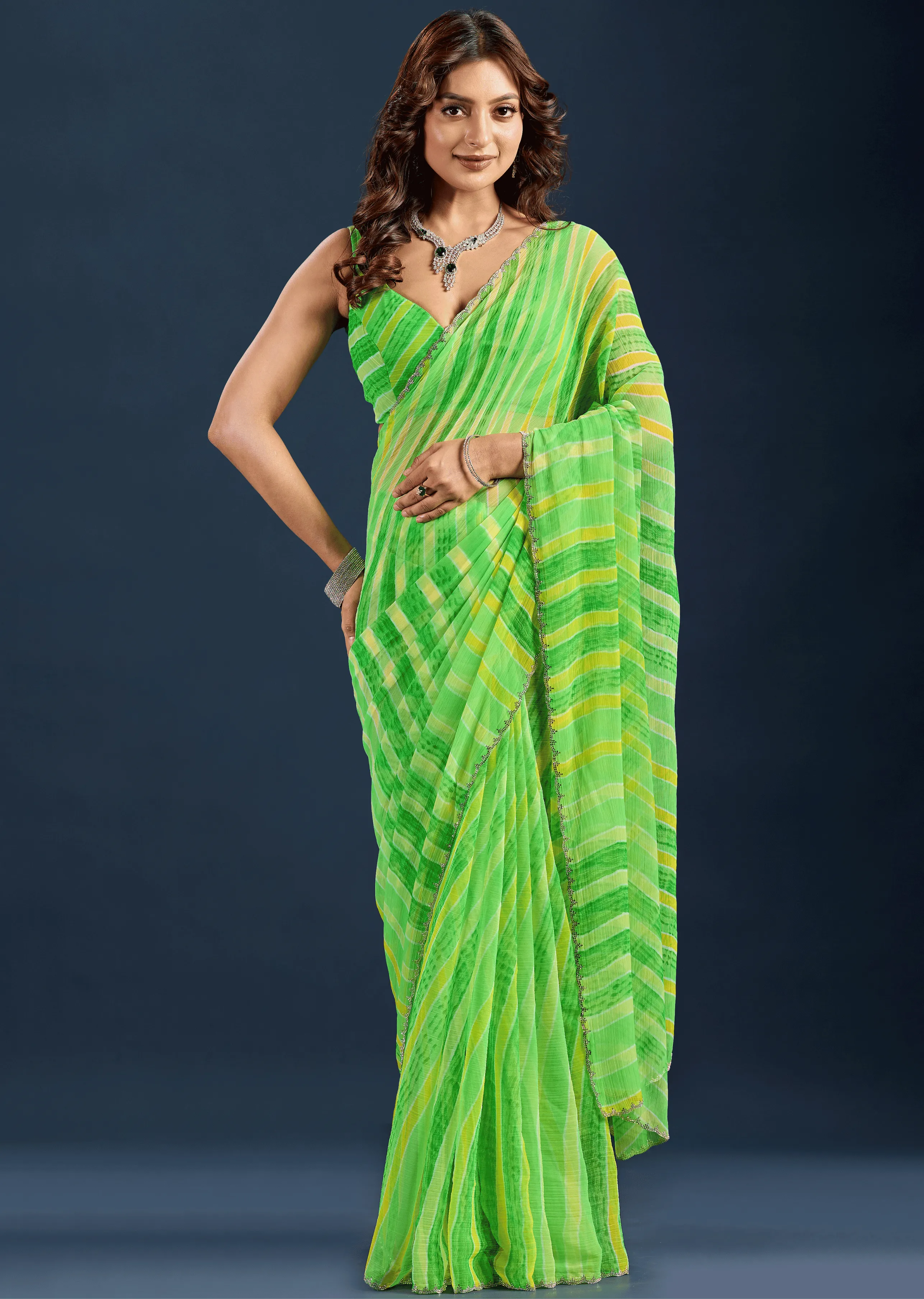 Parrot Green Chiffon Saree With Striped Print - Front Look | Buy On Ethnic9