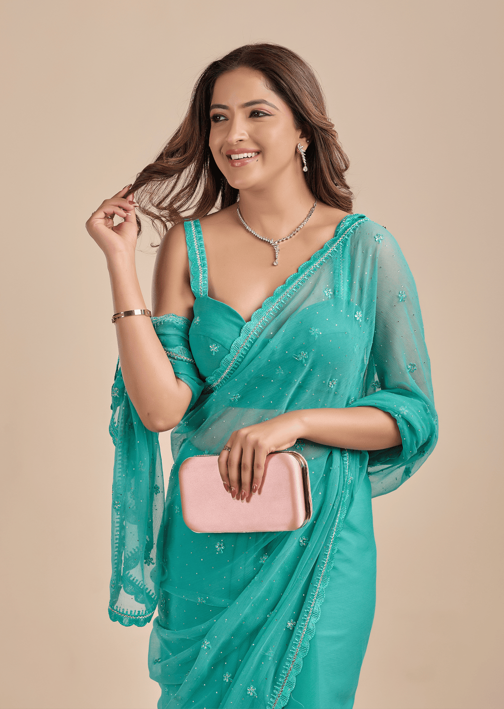 Sea Green Chiffon Saree With Floral Embroidery
