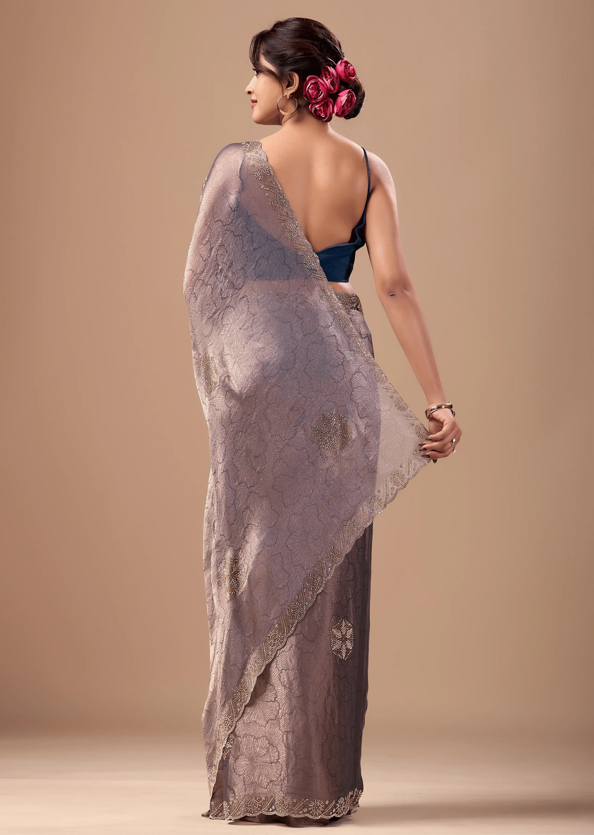 Dusty Mauve Jacquard Saree With Cutdana Stone Work