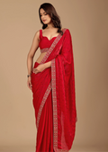 Crimson Red Tissue Silk Saree With Zari Embroidery - Front Look | Buy On Ethnic9
