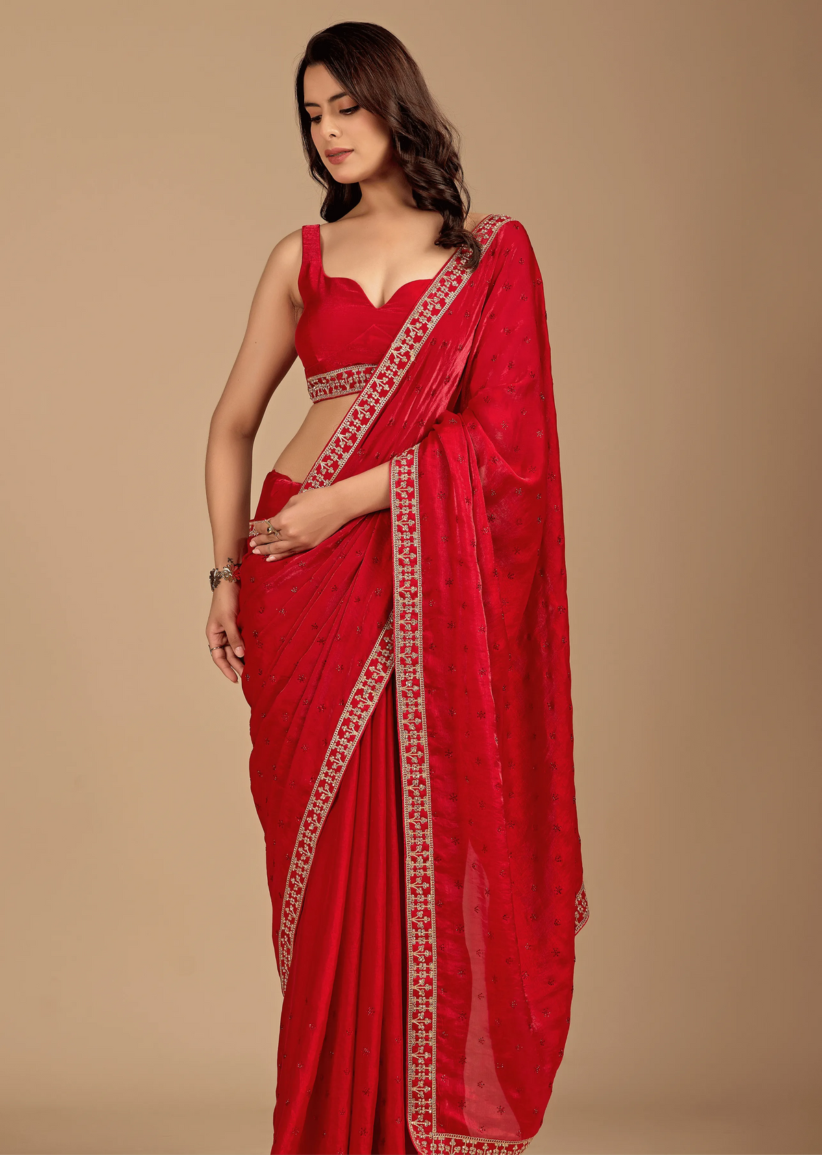 Crimson Red Tissue Silk Saree With Zari Embroidery - Front Look | Buy On Ethnic9
