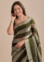 Olive Green Tissue Silk Saree With Metallic Stripe Weave