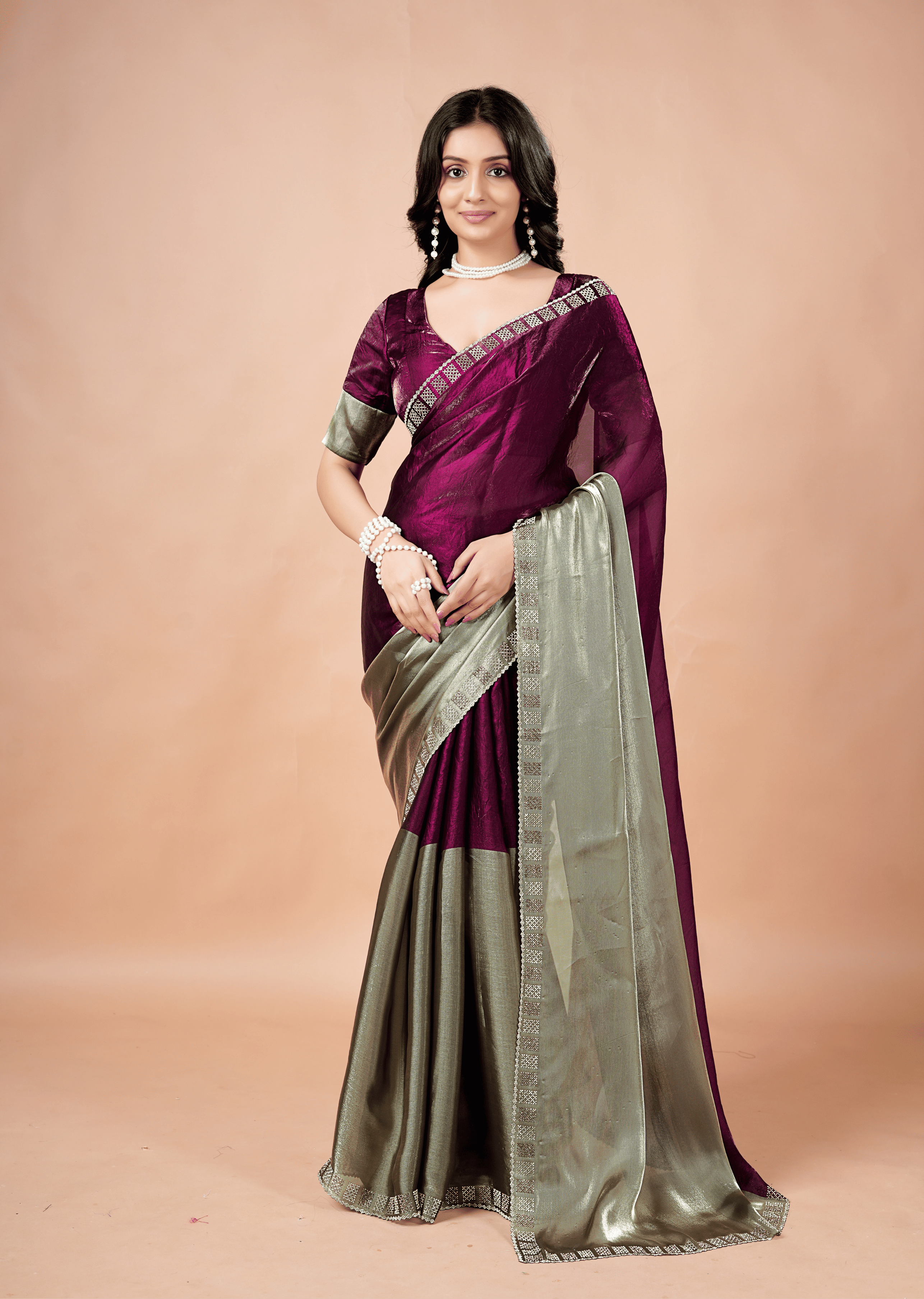 Purple Tissue Silk Saree With Stone Border