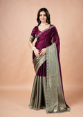 Purple Tissue Silk Saree With Stone Border - Front Look | Buy On Ethnic9