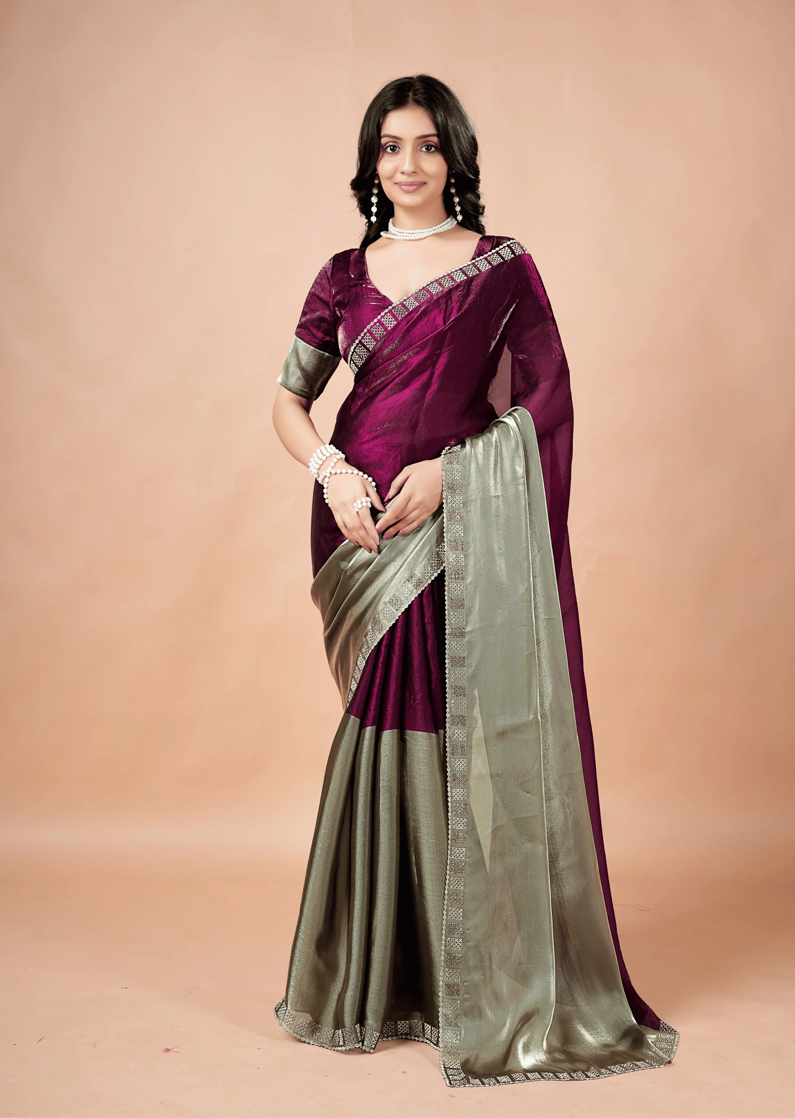 Purple Tissue Silk Saree With Stone Border - Front Look | Buy On Ethnic9