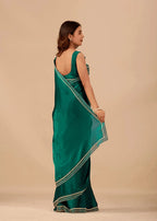 Emerald Teal Tissue Silk Saree With Crystal Border Work