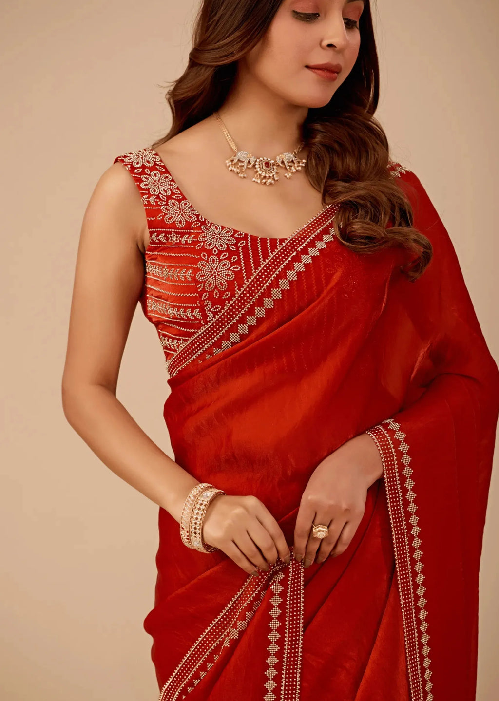 Crimson Red Tissue Silk Saree With Diamond Border Work