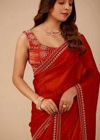 Crimson Red Tissue Silk Saree With Diamond Border Work