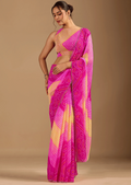 Rani Pink Chiffon Saree With Bandhani Print - Front Look | Buy On Ethnic9
