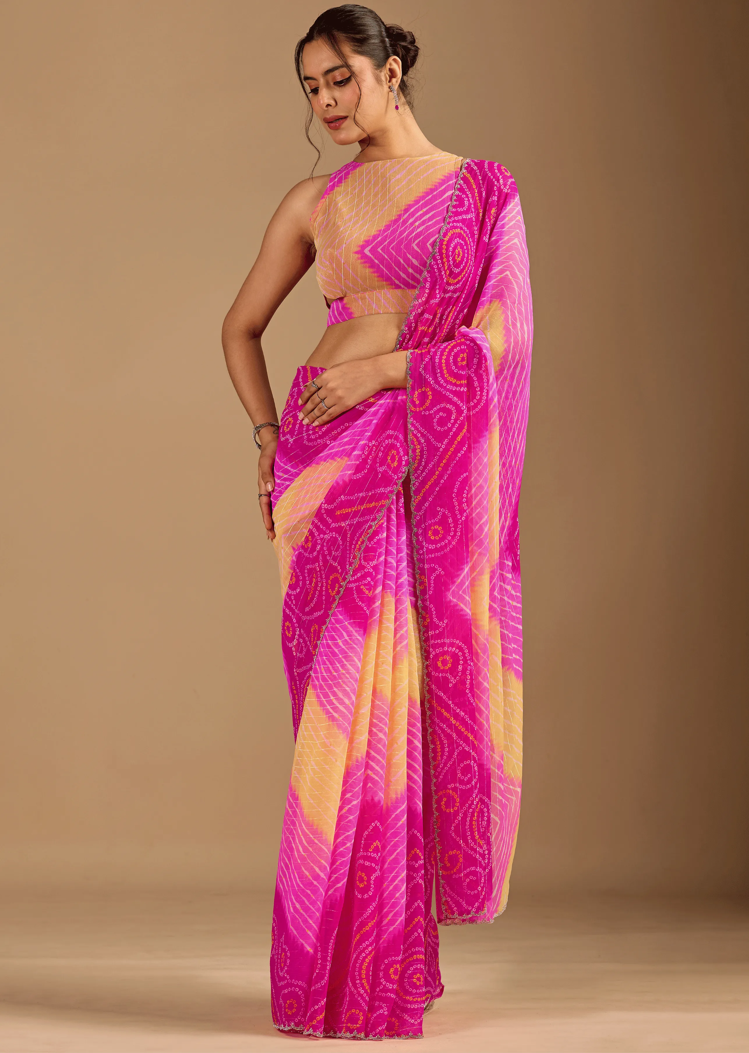 Rani Pink Chiffon Saree With Bandhani Print - Front Look | Buy On Ethnic9